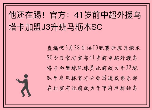 他还在踢！官方：41岁前中超外援乌塔卡加盟J3升班马枥木SC