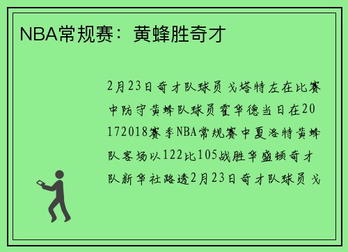 NBA常规赛：黄蜂胜奇才